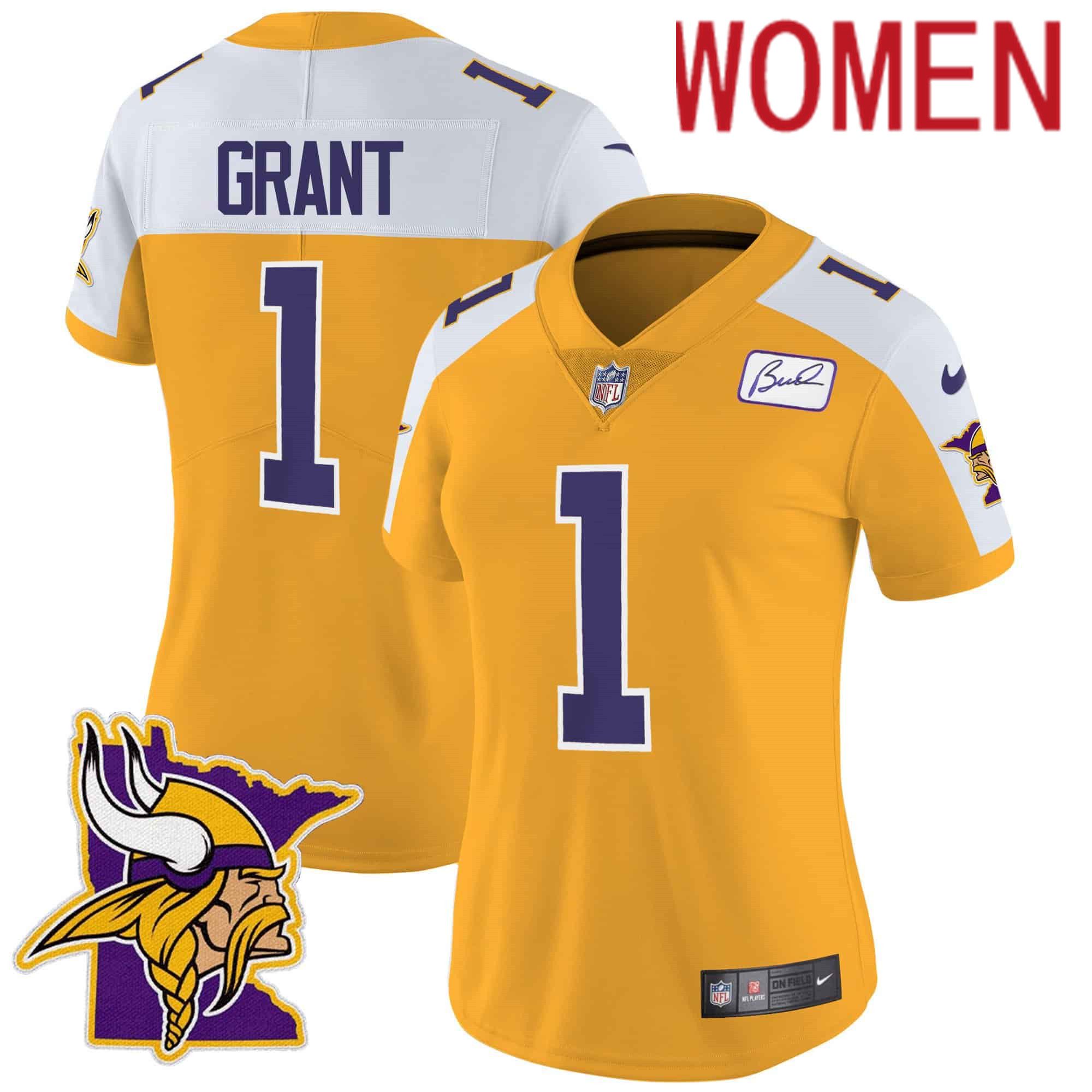 Women Minnesota Vikings #1 Grant Yellow 2024 Nike Patch Classic Limited NFL Jersey->customized nfl jersey->Custom Jersey